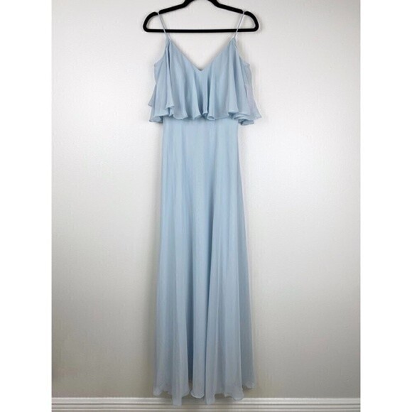 Jenny Packham Cold-Shoulder Chiffon Gown Light Blue Ruffle Maxi Size 2 NWT - Picture 2 of 10